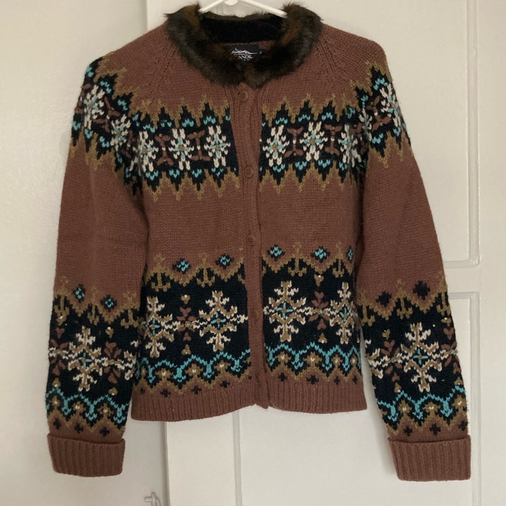 Icelandic Designs ‘Chinook’ Vintage Lambswool Angora Faux Fur Cardigan Sweater M